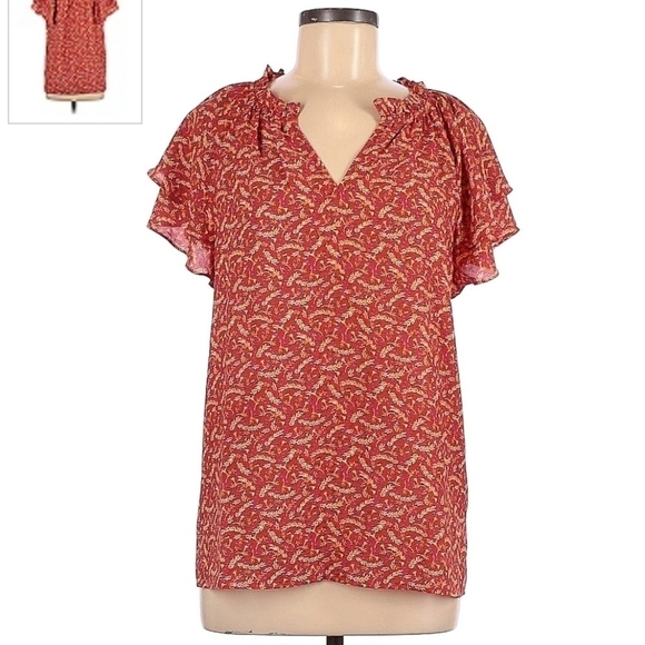 NWT Anthropologie Pleione Short Sleeve Blouse Orange Floral Wheat Women's Medium - Picture 1 of 4
